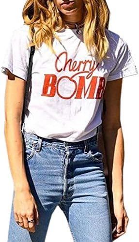 FELACIA Women's Cherry Bomb Print Tee Casual Loose Short Sleeve T-Shirt