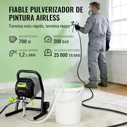 WORKPRO Electric Airless Paint Sprayer 700W, Painting Machine with 3 Adjustable Pressure Levels, Flow Rate 1.2 L/min, Max 200 Bar, for Home, Garden and Industrial Use