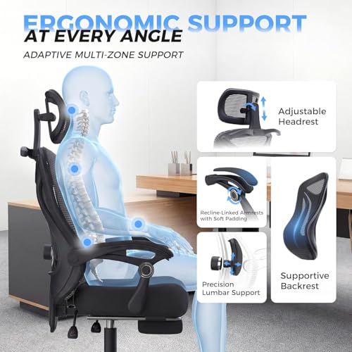 CYKOV Ergonomic Office Chair with Footrest, 90-160° Reclining Mesh Desk Chair with Adjustable Lumbar Support & Headrest, High Back Computer Chair for Home Office and Gaming, 350 lbs