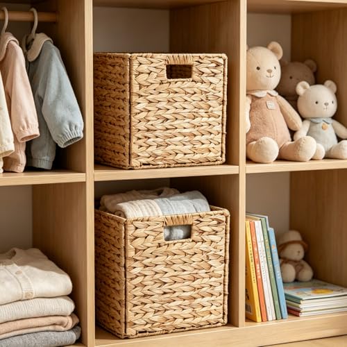 BSJIASHIWEI 2 Pack Water Hyacinth Storage Baskets, Decorative Handwoven Wicker Baskets with Handles, Foldable Organizer Baskets for Home Storage, 30cm x 30cm x 30cm