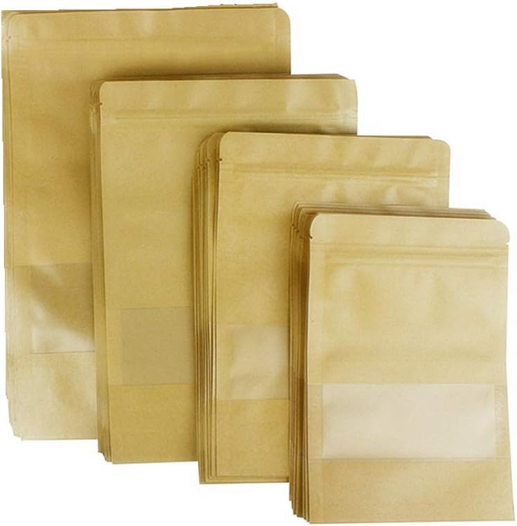 Tuokay 20PCS Ziplock Kraft Food Bags, Resealable Kraft Paper Pouches, 4 Sizes (30cm*20cm/ 26cm*18cm/ 22cm*16cm/ 20cm*14cm) Greaseproof Food Storage Bag for Coffee, Dry Food, Cookie, Nuts, Pet Food
