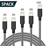 QIANXIANG Phone Charger, 5PACK 3/3/6/6/10 FT Extra Long Nylon Braided Charging Cable Cord to USB Charger Compatible with iPhone X/8/7/6/6s/plus/5s/5c/5, iPad, iPod (Black White)