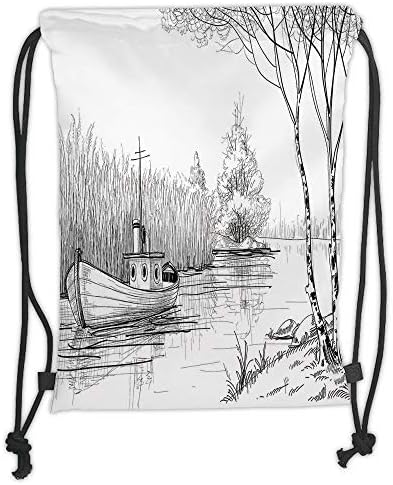 HGWC Drawstring Fashionable Sport Gym Yoga Backpacks Bags,Apartment Decor,Boat on the River by the Water Reeds Fishing Lake Plants Hand Drawn Style Nature Art,Black White Soft Satin,5 Liter Capacity,