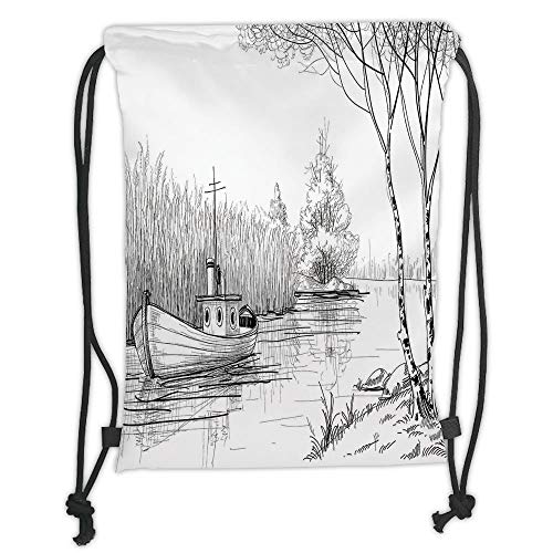 HGWC Drawstring Fashionable Sport Gym Yoga Backpacks Bags,Apartment Decor,Boat on the River by the Water Reeds Fishing Lake Plants Hand Drawn Style Nature Art,Black White Soft Satin,5 Liter Capacity,