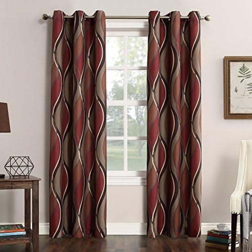 No 918 Intersect Wave Print Casual Textured Curtain Panel, 48" X 84", Paprika Red