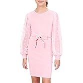 ALLIFly Girls Dress Kids Mesh Long Sleeve Dresses Self Belted Elegant Bodycon 7-14 Years