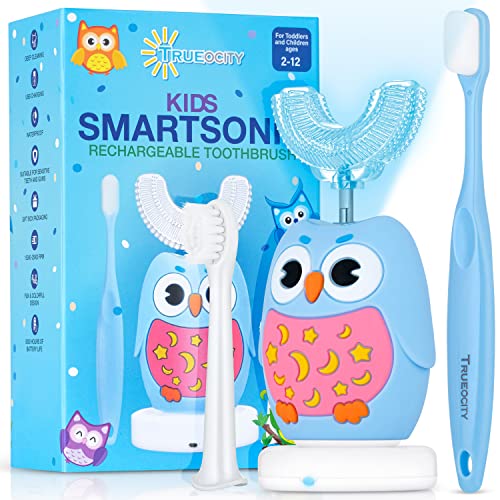 Kids Toothbrushes U Shape, Kids Automatic Toothbrush, Toddler Toothbrush U Shaped, U Toothbrush Kids, Auto Toothbrush, Rechargeable Electric Brush Age 2+, Children's U-Shaped Toothbrush (Blue Owl)