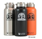 32 oz Insulated Stainless Steel Water Bottle and Beer Growler w/ Steel Lid & Handle - NO PLASTIC - COLD up to 3 DAYS - HOT 24 hrs (Black)