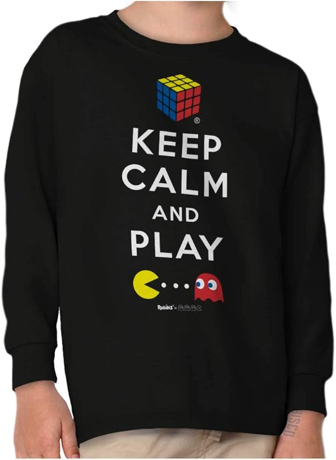 Amazon.com: Brisco Brands Keep Calm and Play Rubik's Pacman Long Sleeve Tee Boy Girl: Clothing