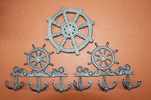 Antique-look Mariner Theme Bath Towel Hooks Wall Plaque Set, Bronze-look 9 1/2 inch Cast Iron, Bundle 3 Items