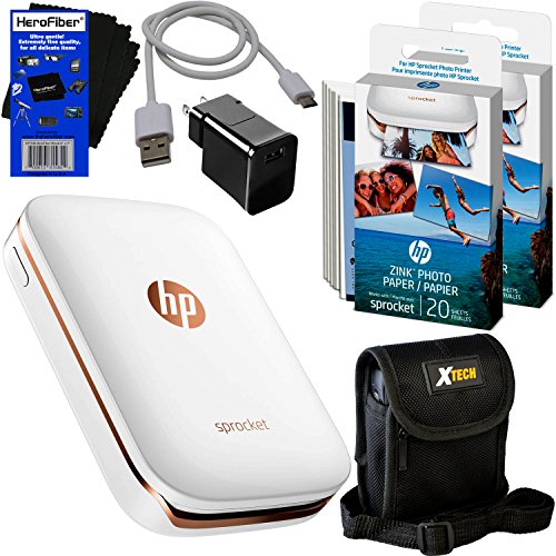 HP Sprocket Photo Printer, Print Social Media Photos on 2x3 Sticky-Backed Paper (White) + Photo Paper (50 sheets) + Protective Case + USB Cable with Wall Adapter + HeroFiber Gentle Cleaning Cloth