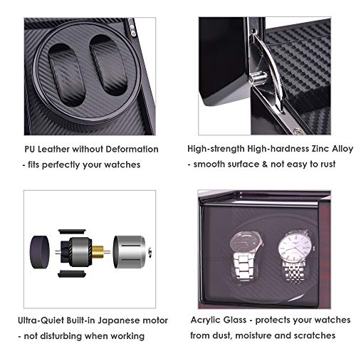 Kalawen Automatic Double Watch Winder Box for All Automatic Mechanical Watches with Quiet Motor AC Adapter or Battery Powered for 2 Men's or Ladies', Black