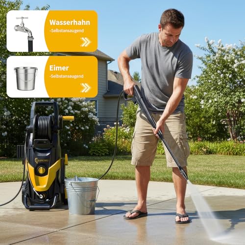 LANCHEZ Hochdruckreiniger 145 bar max Druck, Fördermenge 420 l/h, 7-in-1-Zubehör Kit (500ml Schaumsprüher, Schnellkupplungen, Schnellanschlussdüsen, Terrassenbürste) für Auto, Terrasse, Gelb