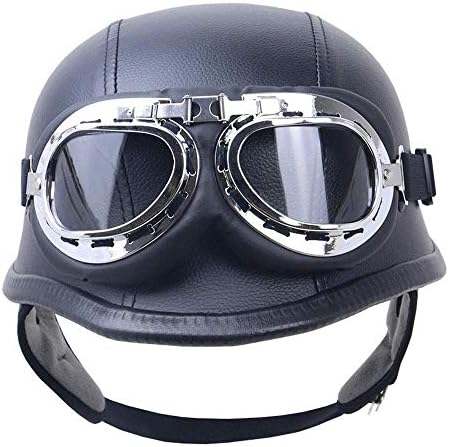 Evin Retro Half-Open Motorcycle Helmet, Carbon Fiber Jet Helmet Cruiser Helmet Helmet DOT Certified Mobile Military Goggles,Leatherblack,XXL