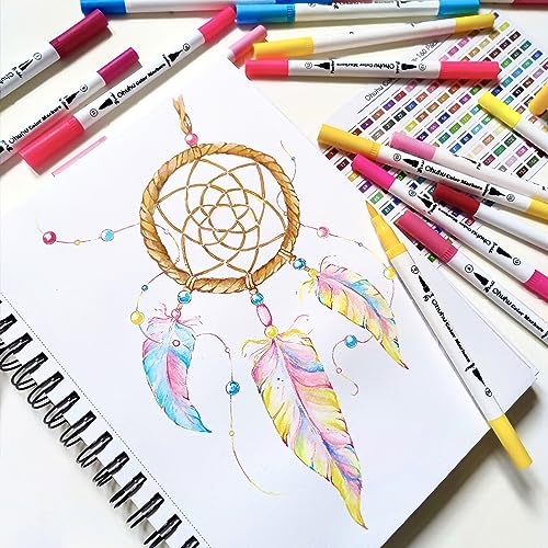 Ohuhu Rotuladores para libros de colorear para adultos, sin traspaso de tinta, 120 colores, a base de agua, doble punta (delineador fino y pincel) - Maui - Blanco