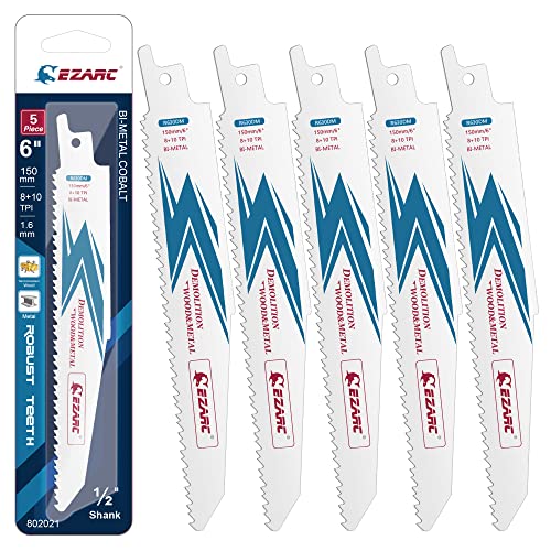Hoja de sierra alternante EZARC Hojas de sierra de sable de cobalto bimetálicas para demolición de madera y metal 6 pulgadas 8+10TPI R630DM (paquete de 5)