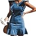 MYHALF Women's Casual Round Neck Ruffle Trim Sleeveless Denim A Line Mini Dress (Blue)