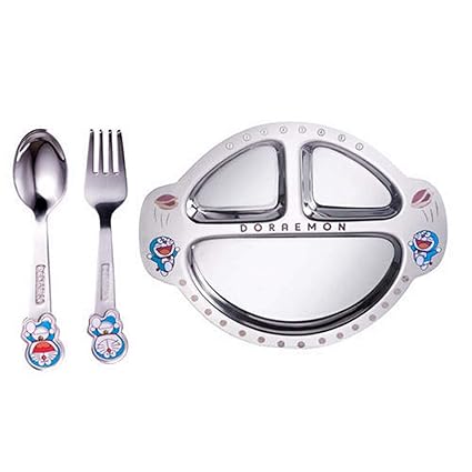 Doraemon Stainless Steel 3 Pieces Plate Set for Kids -1 Plate ,1 Fork, 1 Spoon