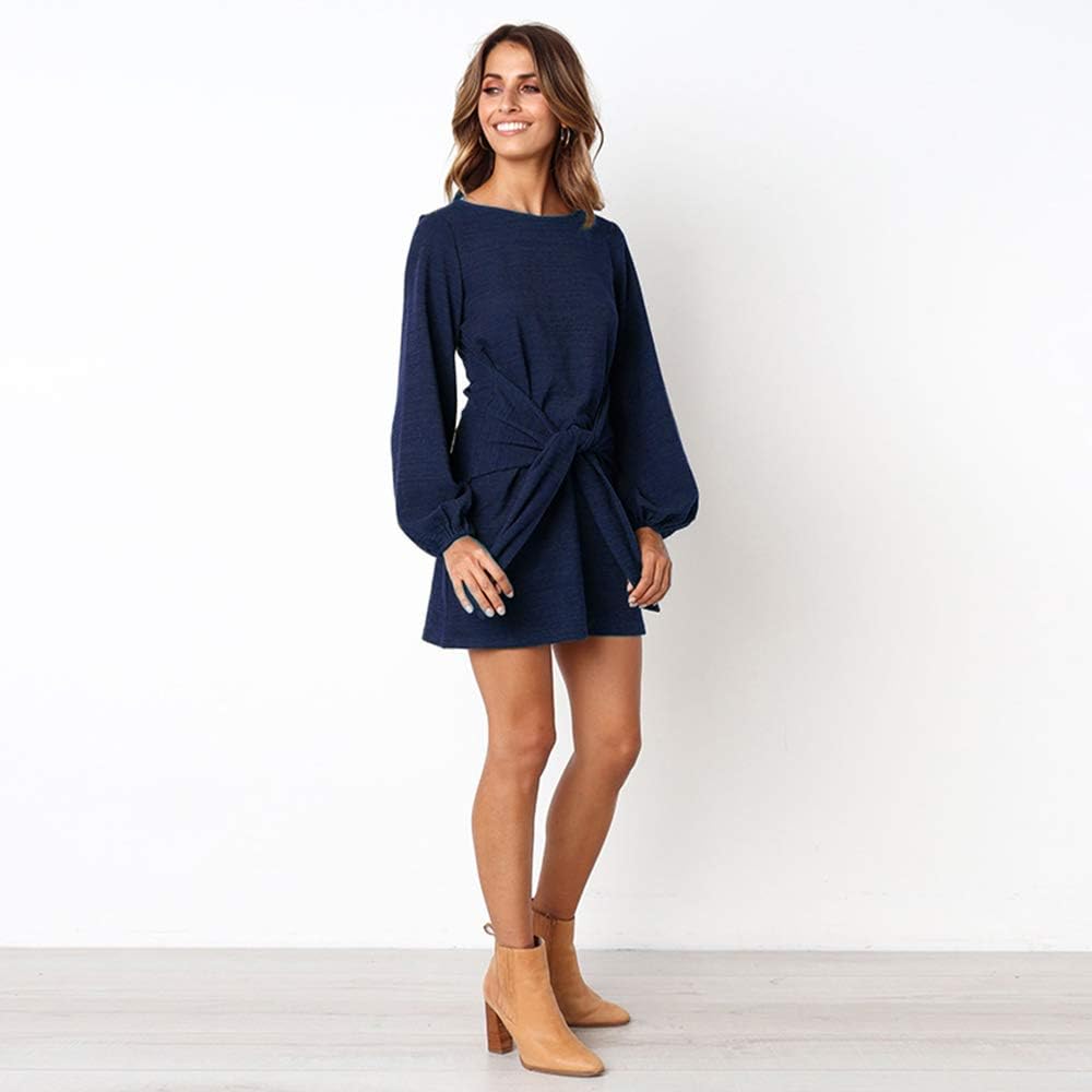 PRETTYGARDEN Women’s Elegant Long Sleeve Short Dress Crewneck Tie Waist Knit Cocktail Dress at  Women’s Clothing store