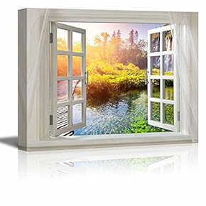 Glimpse into Waterfall in Autumn Out of Open Window Stretched