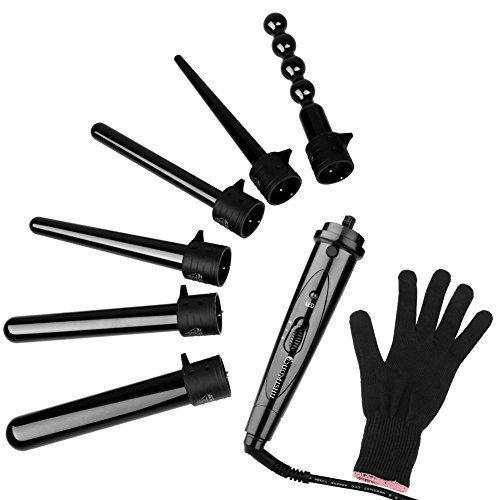 6 in 1 Hair Curling Wand and Curling Iron Set with 6 Interchangeable Ceramic Barrels and Heat Resistant Glove(Black)，0.35-1 1/4 Inch Hair Curler By Duomishu (Balck)