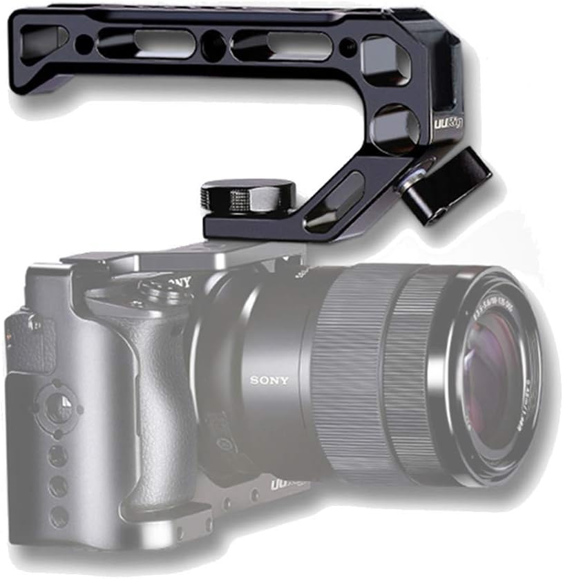 R008 Camera/DSLR Top Handle Grip ARRI Locating Hole Connection Cold Shoe Mount Compatible for Sony A6400 6300 Metal Low Angle Shots Microphone 15mm NATO Rail Rod Clamp Tube Hole Camera Rig Cage