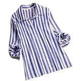 JESFFER Women Ladies Long Sleeve Stripe Loose Blouse Pullover Button Tops Shirt Blue