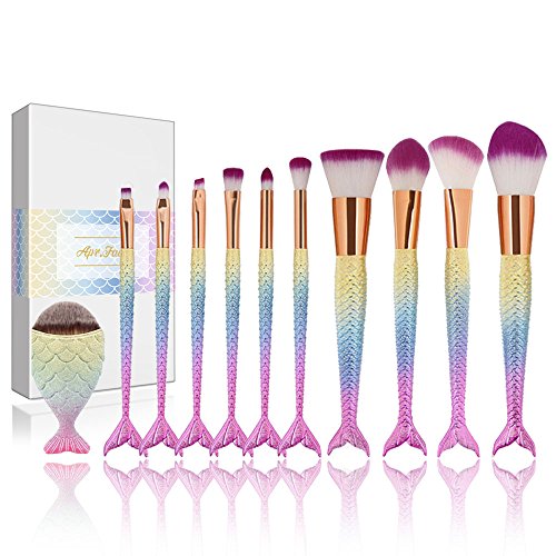 Apr.Fairy Mermaid Makeup Brushes Set Chubby Fish Foundation Brush 11pcs Soft Nylon Bristles Beauty Make Up Kits with Box, Blending Blush Concealer Eye Face Lip Cosmetic Tools - Pink Gradient