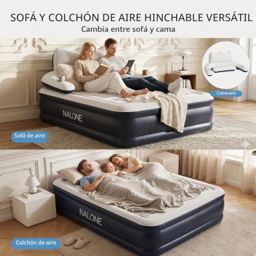 NALONE Double Inflatable Mattress with Built-in Pump & Integrated Backrest, 2 Seater Inflatable Mattress, Self-Inflating Inflatable Bed for Camping and Home 203x152x45cm (Queen)