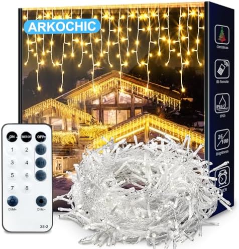 ARKOCHIC 10M Icicle Lights Warmwhite Outdoor Christmas Lights, Outdoor String Light with 60 Drops, IP65 Waterproof Hanging Fairy Light Mains Powered for Christmas Decoration Eaves Garden Room