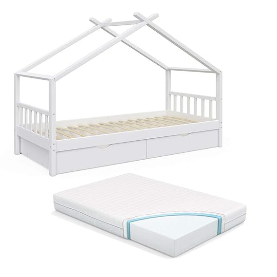 Vicco Kinderbett Hausbett Design 90x200cm INKL SCHUBLADEN Kinder Bett Holz Haus Schlafen Hausbett Spielbett Inkl. Lattenrost (Weiß lackiert mit Matratze)