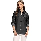 Aeslech Women's Chambray Button Down Shirt Long Sleeve Cotton Blouse Lightweight Denim Tops
