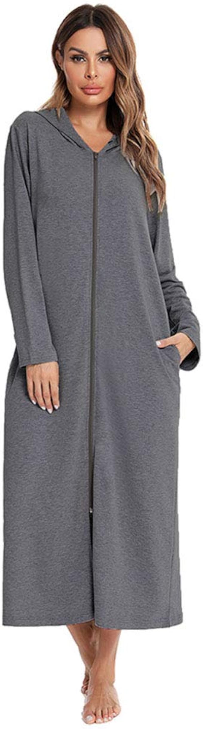Women Lightweight Robes Hoodie Long Sleeve Zipper Kimono with Pockets