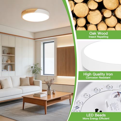 Kimjo 24 W LED Ceiling Light Wood, φ30 cm Round Ceiling Lamp, 2400 LM, 4500 K Modern White LED Ceiling Light for Offices, Living Rooms, Bedrooms, Kitchens, Hallways, Balcony