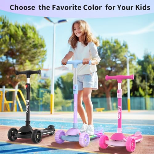BELEEV A9 Kids Scooter with LED Light-Up Wheels & Deck, 3 Wheel Foldable Kick Scooter for Toddlers Boys Girls Ages 3-12, Adjustable Handlebar, Lean-to-Steer, Extra-Wide Wheels
