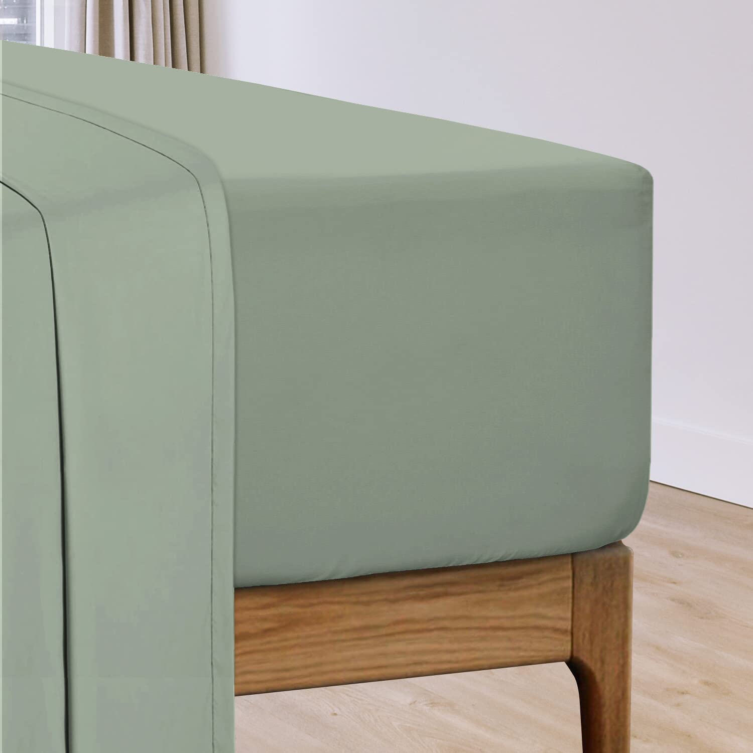 Pizuna Cotton Percale Double Fitted Sheet Seafoam Sage,100% Long Staple Combed CottonFitted Bed Sheets Double 140x200 cm,Percale Weave 40 cm Deep Fitted Sheets for Double Bed 1 PC Seafoam Sage