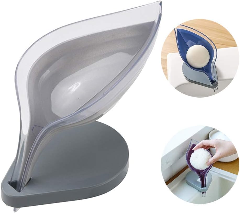 PETSBURG Creative Leaf Shape Soap Box -Self Draining Soap Holder - Leafology Decorative Drainage Soap Holder - Plastic Soap Dish, Bar Soap Holder with Drainin (Gray)