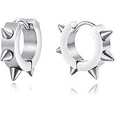 BIYONGDE Mens Womens Huggie Hinged Hoop Earrings, Gold Color Steel Spiked Rivets, Punk Rock Hiphop