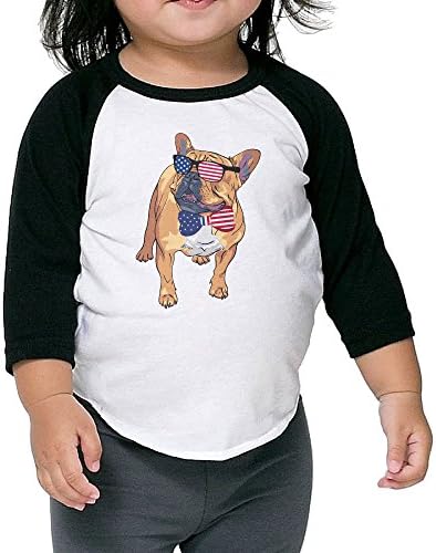 French Bulldog USA Flag Sunglasses Tie Boy / Girl Raglan T-Shirt Half Sleeve Baseball T-shirt 5-6 Toddler
