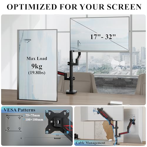 ETHU Dual Vertical Monitor Mount for 17-32 inch Screens, Height Adjustable Gas Spring Monitor Stand with 2 Arms, VESA 75x75/100x100, Each Arm Holds 2-9kg, C-Clamp and Grommet Base, Black