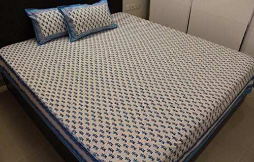 Indian Cotton King Queen Full Bed Sheets Pillowcases Set White Blue Block Printed Natural Dyed Ethnic Floral Bedspreads Bedding 88 x 104 Inches