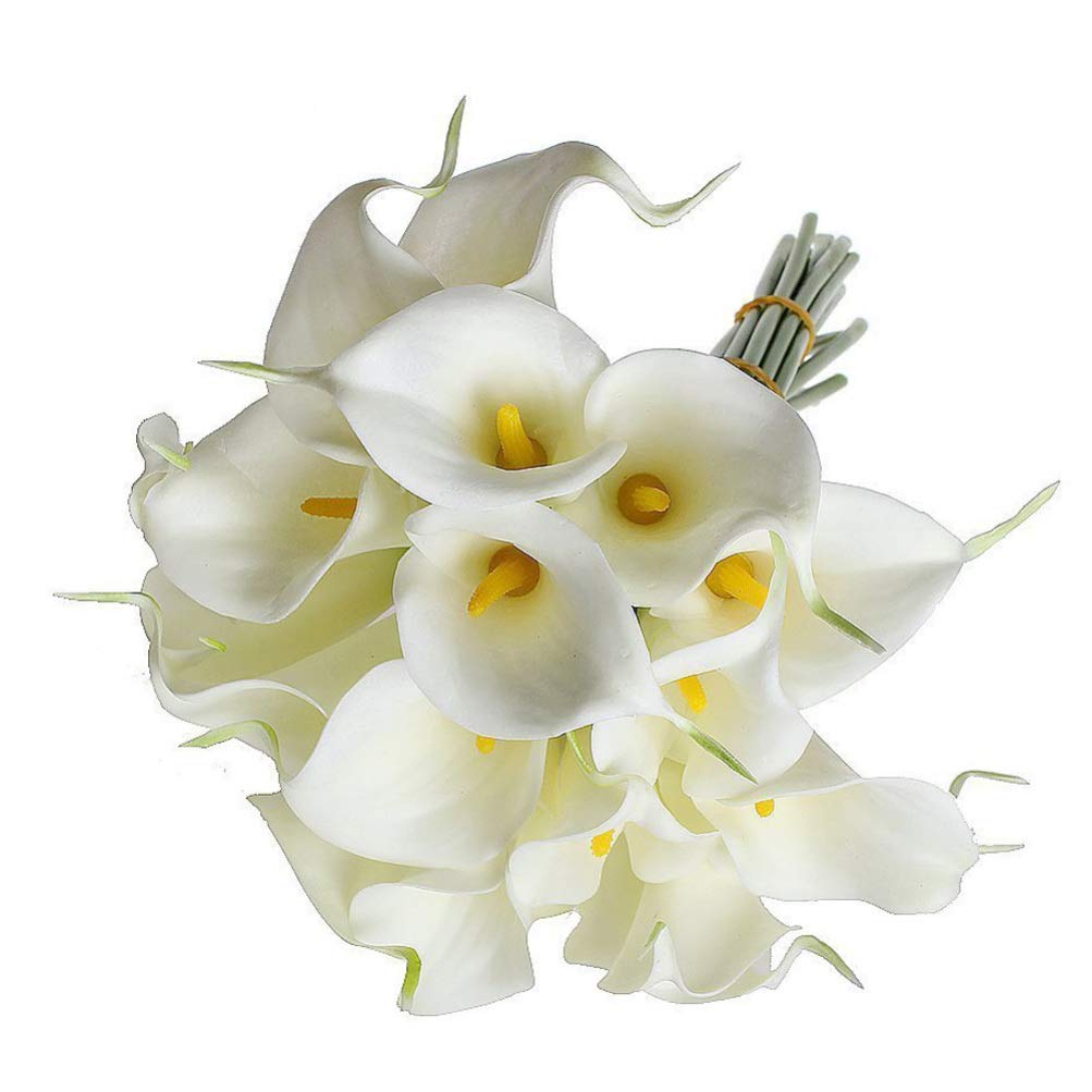 HOMSFOU 10pcs Real Touch Artificial Bouquets for Bridal Weddings Pu Flowers Floral Arrangements for Home Decor and Parties White