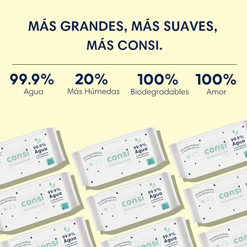 Consi Toallitas Humedas Bebe y Niños (99.9% Agua), Hipoalergénicas para Piel Sensible, Libre de Sulfatos, Parabenos y Fragancias, Biodegradables, Toallas húmedas | 6 paquetes con 480 Toallitas