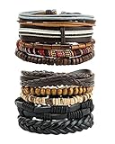 REVOLIA 10-15Pcs Mens Womens Leather Bracelets Wooden Beaded Bracelets Braided Cuff