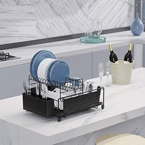 Dish-Drying-Rack-Cambond-Dish-Rack-and-Drainboard-Set-2-Tier-Dish-Rack-for-Kitchen-Counter-Rustproof-Dish-Drainer-with-Utensil-Holder-and-Cup-Holder-188-x-13-x-976-IN-Black