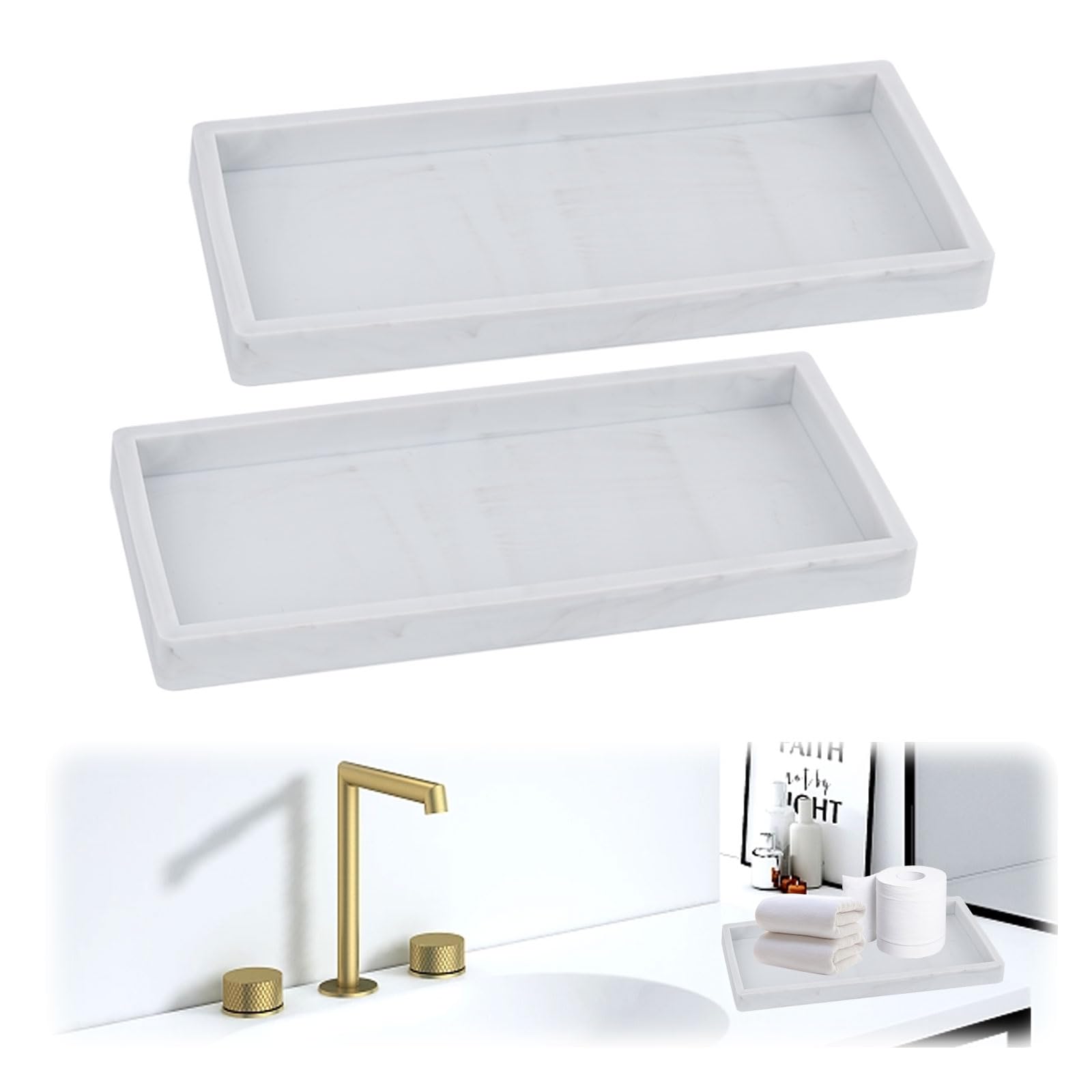 2pcs Bathroom Tray 7.87x3.93x0.7in, Toilet Tank Storage Silicone Vanity Kitchen Sink Bathroom Countertop Organiser Vanity Tray For Counter Decor Dresser Tops (White-S 02)