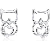 SLUYNZ 925 Sterling Silver Cute Cat Stud Earrings for Women Teens Cat Dog Stud Earrings