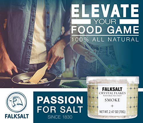 FALKSALT Smoked Sea Salt Flakes - Comparable to Maldon - Finishing Mediterranean Sea Salt Flakes for Meat, Poultry, Seafood, Pasta, Veggies, Sweets, & Cocktails [2.47oz - 5 Flavors Available]