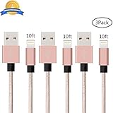 XIANDAN iPhone Charger - 3Pack 10FT Lightning to USB Nylon Braided Cord Charging Cable for iPhone 7 Plus 6S 6 SE 5S 5C 5, iPad 2 3 4 Mini Air Pro, iPod - Rose&Gold