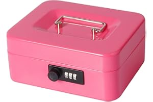 Small Cash Box with Combination Lock, Metal Money Box for Cash, Lovndi Lock Box with Money Tray, 7.87x 6.30x 3.54 Inches, Pink
